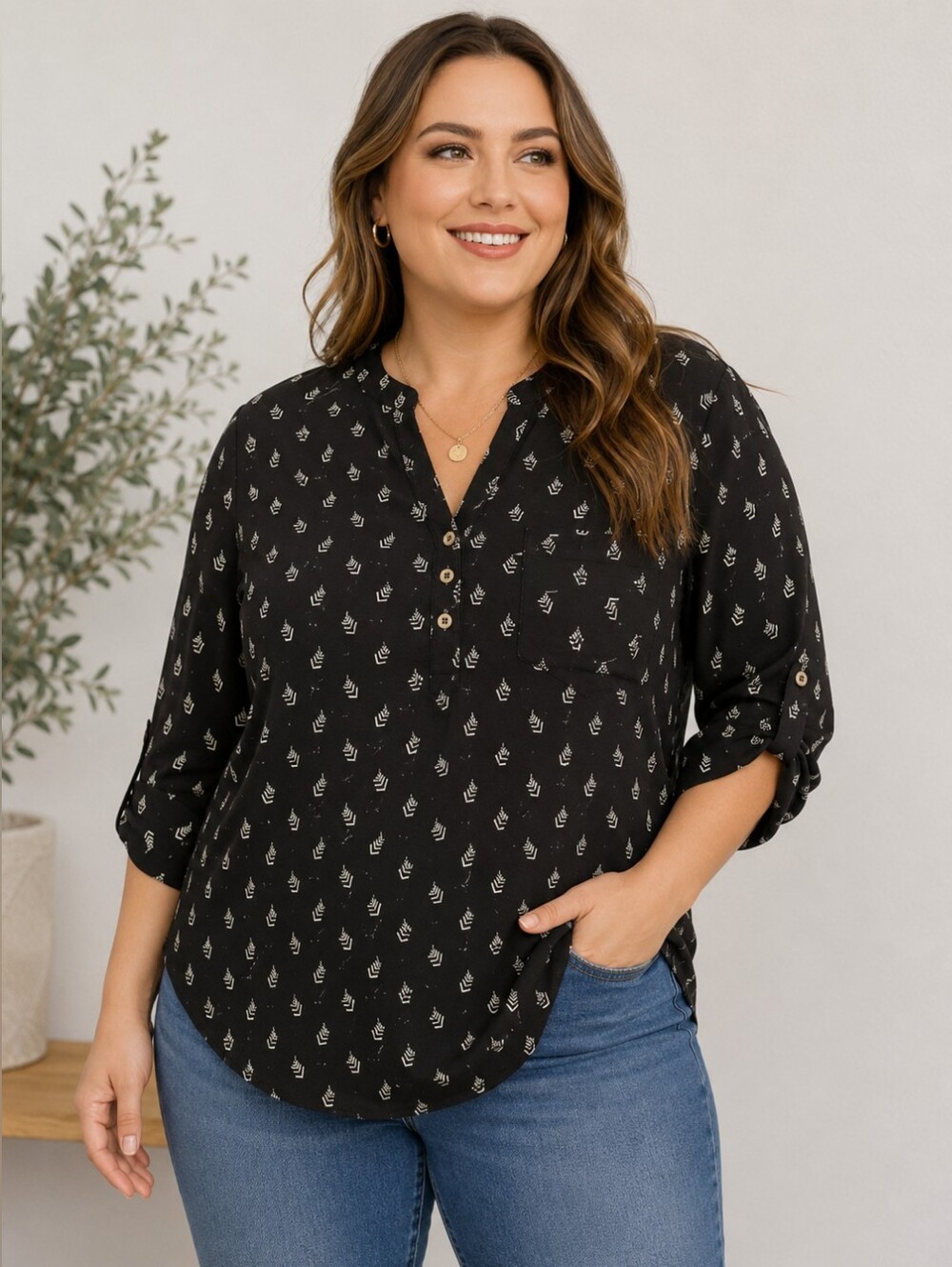 🖤 KAII Black Geometric Print Roll Tab Blouse | Size Large | Lightweight Career